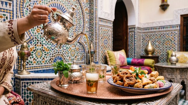 Traditional Moroccan mint tea poured from an ornate silver teapot beside a table of tagine and pastries, with colorful zellige tiles and a carved archway in the background