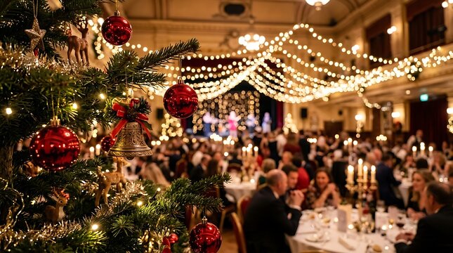 Festive christmas banquet hall with decorated tree and twinkling string lights