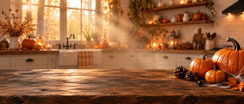Rustic wooden kitchen table decorated with pumpkins and pinecones bathed in warm autumn sunlight creates cozy interior setting for seasonal product placement.
