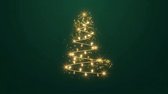 Elegant animation of a glowing golden Christmas tree shaped from string lights sparkling and twinkling on a dark green festive background