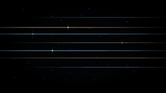 Dual-Tone Cyan Blue and Warm Golden Anamorphic Horizontal Light Streak Lens Flares with Glowing Pinpoint Optical Nodes on Black Background for High-End Blockbuster Movie Title Intros