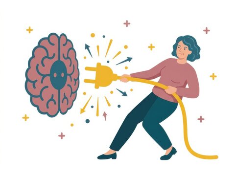 Digital Detox Illustration of a Woman Unplugging from Mental Overload