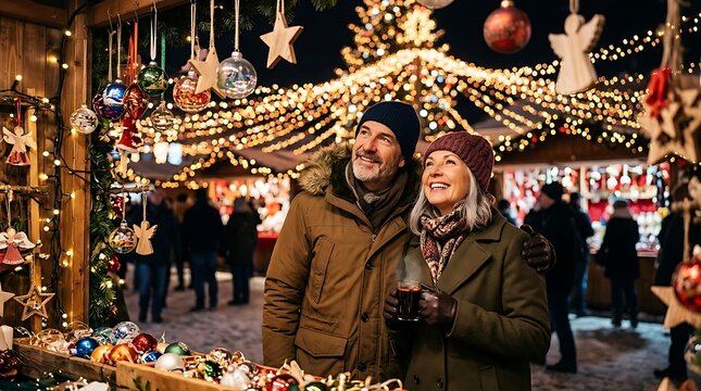 Middle-aged couple visiting a brightly illuminated traditional christmas