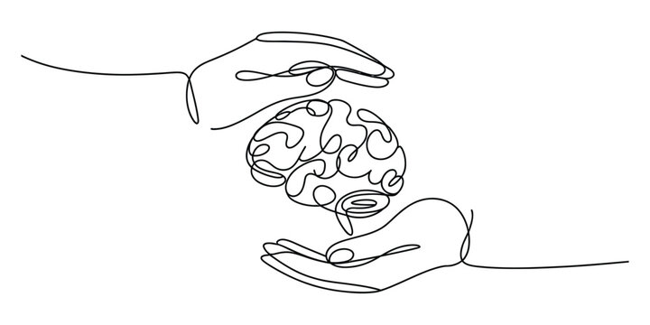 Continuous single line drawing of two hands protecting a human brain representing mental health care and medical support for cognitive wellness