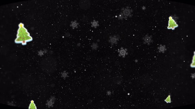 Animated Christmas tree pattern with falling snowflakes on black background.