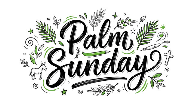 Palm Sunday hand drawn lettering typography illustration with palm fronds, cute donkey, cross and christian religious doodles vector background.