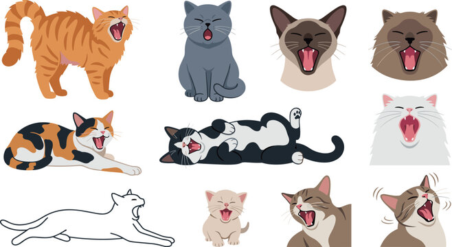 Cute cartoon cat vector illustration set featuring various yawning and meowing felines isolated on white background
