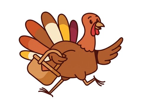 Cartoon turkey running with a bag over shoulder thanksgiving holiday