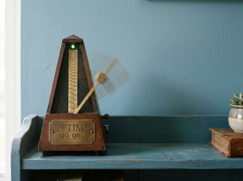 Metronome with uptime plaque on blue shelf in minimal concept scene