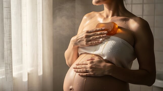 Pregnant woman holding soap bar near her belly inside a bright bathroom.