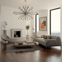 Fototapeta premium 3D rendering, 3d illustration, Large Luxury modern living room interior, brutalist architecture realistic lighting, Graphic Overlay wide angle, contemporary furniture, clean lines, minimalist decor