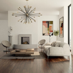 Fototapeta premium 3D rendering, 3d illustration, Large Luxury modern living room interior, brutalist architecture realistic lighting, Graphic Overlay wide angle, contemporary furniture, clean lines, minimalist decor