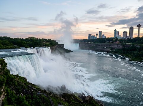 Dramatic view of Niagara Falls with the Toronto skyline at sunset natural wonder and cityscape