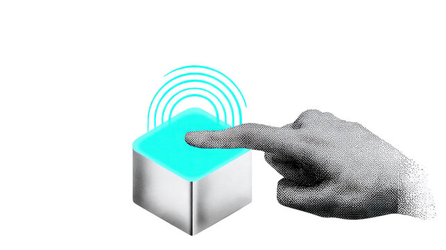 Hand touching futuristic cube with biometric authentication signal in
