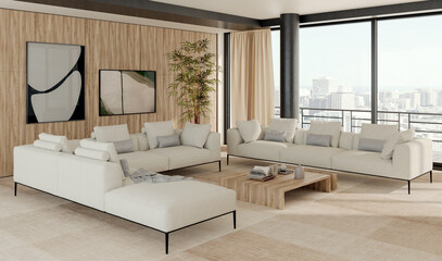 Fototapeta premium 3D rendering, 3d illustration, Large Luxury modern living room interior, brutalist architecture realistic lighting, Graphic Overlay wide angle, contemporary furniture, clean lines, minimalist decor