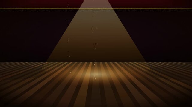 Vintage 1940s Classic Cinema Stage Drapes in Textured Golden Amber Fabric Parting Under Warm Antique Spotlight with Subtle Projector Grain on Black Background for Retro Movie Openers