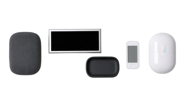 Five modern consumer electronics devices aligned horizontally on
