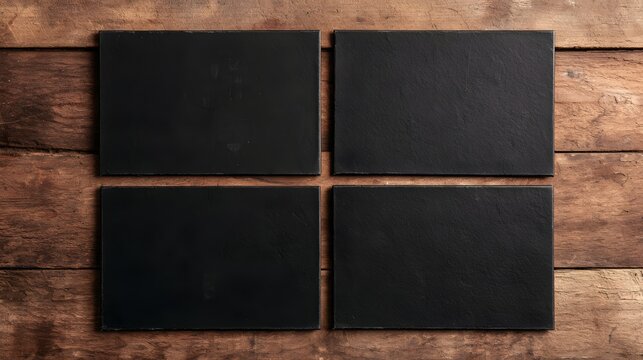 Four black rectangular boards on a rustic wooden background