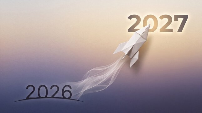 Paper rocket flies from 2026 toward the number 2027 leaving a trail of smoke behind.