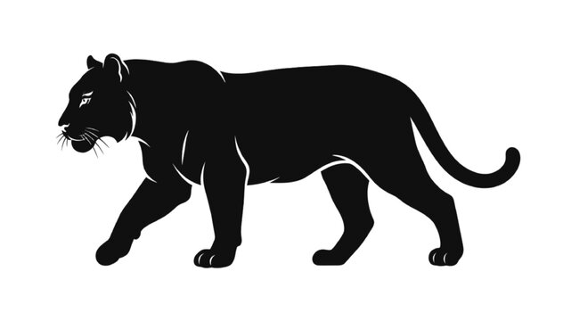 Panther silhouette pacing forward in profile demonstrates muscular strength and stealthy movement within a clean graphic design layout featuring sharp details against a bright white backdrop.