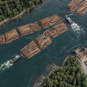 Tugboat Towing Large Log Rafts on River