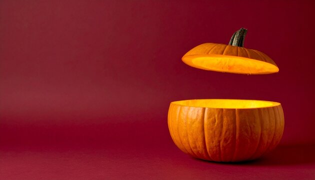 Open Halloween Pumpkin with Glowing Product Display and Copy Space on Red Background