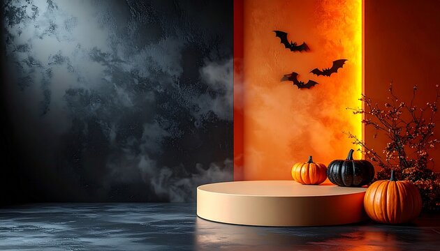 Halloween Product Podium with Orange Light, Bats, Pumpkins and Copy Space on Dark Background