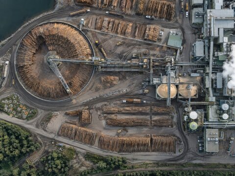 Aerial Sawmill and Circular Log Processing Yard