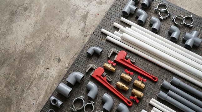 Plumbing Supplies on Workshop Floor: A collection of various plumbing pipes, fittings, wrenches, and brass valves are neatly arranged on a textured workshop floor, ready for installation or repair.