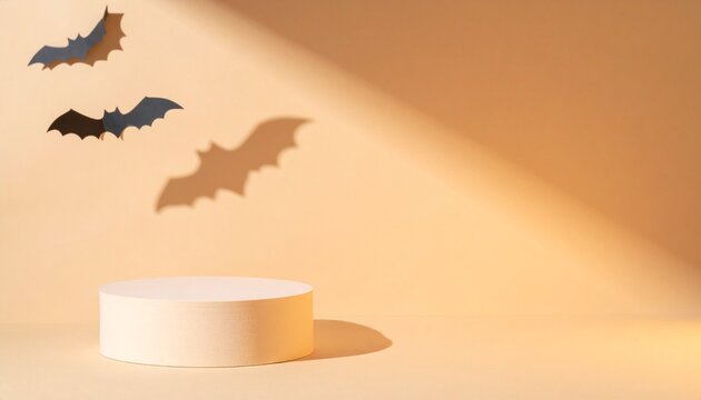 Halloween Product Podium with Flying Bat Shadows and Copy Space on Warm Beige Background