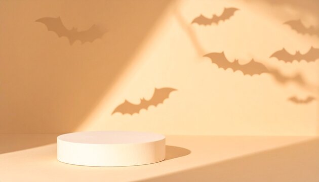 Halloween Product Podium with Bat Shadows and Large Copy Space on Warm Beige Background