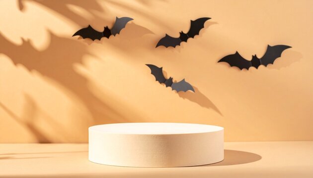 Halloween Product Display Podium with Flying Black Bats, Bat Shadows, Empty White Round Pedestal, Warm Beige Orange Background, Cosmetic Product Mockup, Spooky Sale Advertising, Website Banner, Copy S