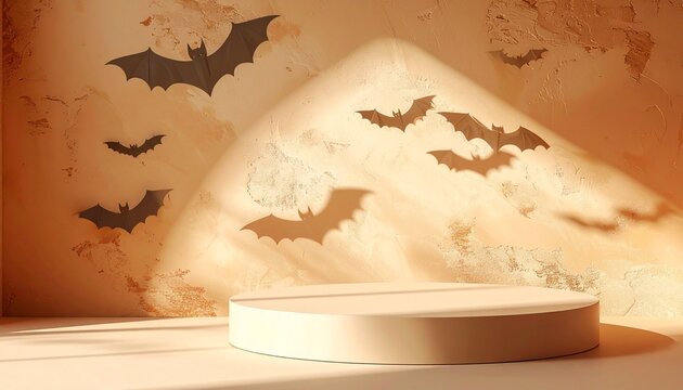 Halloween Product Display Podium with Flying Bats, Beige Orange Background, Empty Round Pedestal, Spooky Cosmetic Product Mockup, Halloween Sale Advertising, Retail Promotion, Website Banner, Copy Spa