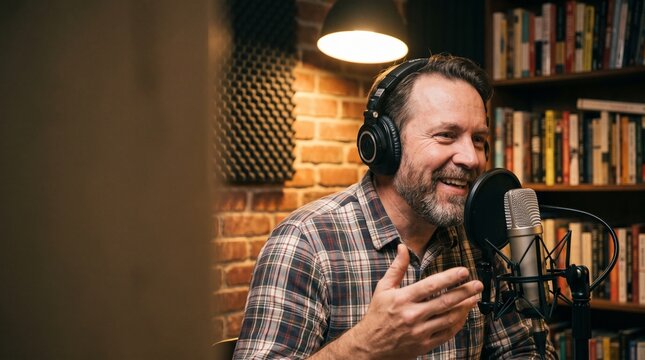 Podcast Studio Session: A man with a beard and headphones in a recording studio, speaking into a microphone, with bookshelves in the background.