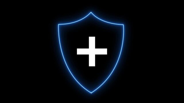 Shield with cross icon animation. Medical shield with a plus sign icon, red shield with a central plus sign.4k animation motion graphics video with alpha chanle.