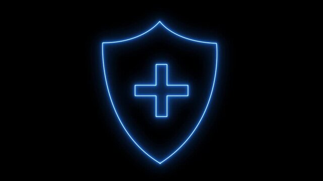 Glowing neon line shield with plus icon animation representing healthcare protection. Medical shield with a plus sign icon, red shield with a central plus sign, representing vital status.4k video