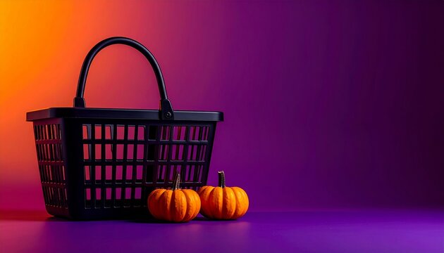 Black Shopping Basket with Mini Halloween Pumpkins on Purple Background and Copy Space