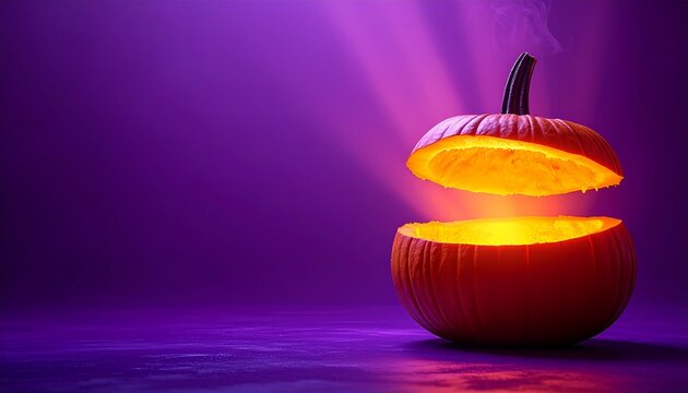 Glowing Open Halloween Pumpkin with Purple Background and Copy Space for Product Advertising