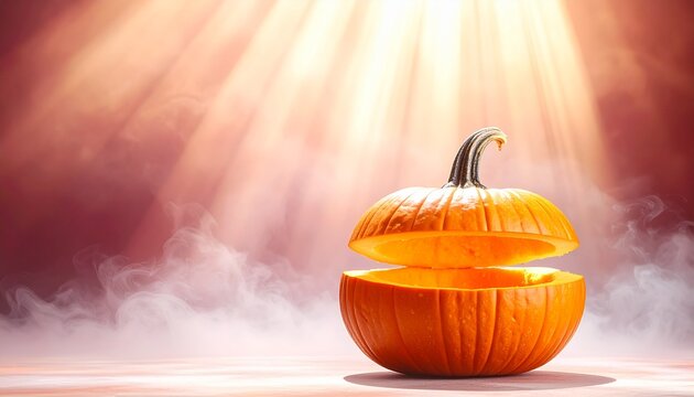 Glowing Open Halloween Pumpkin in Dramatic Spotlight with Smoke and Copy Space for Advertising
