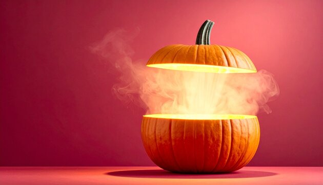 Glowing Open Halloween Pumpkin with Magical Smoke and Copy Space for Product Advertising