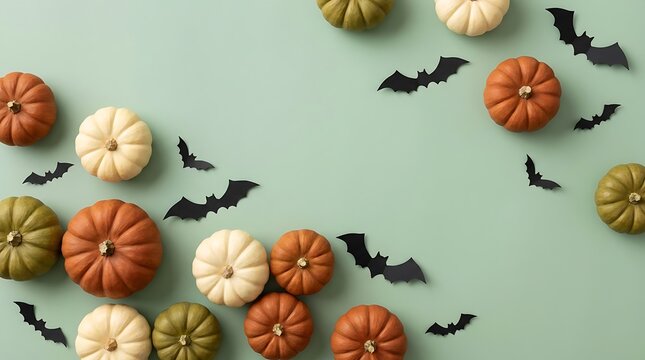 Halloween pumpkin flat lay background with paper bats and autumn gourds on pastel green tabletop