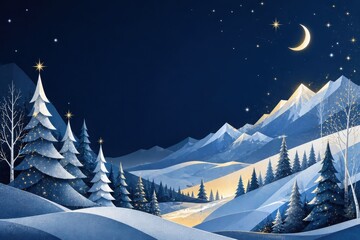 Fototapeta premium Moonlit winter mountain landscape with snowy pine forest