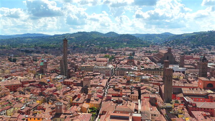 Bologna Italy City View Historic Towers Aerial Drone HD Image © Guy