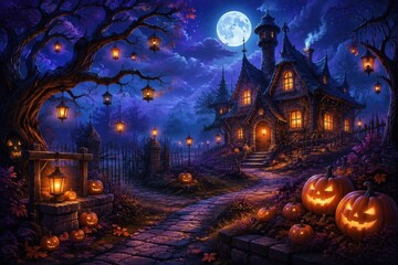 Obraz premium Enchanting Halloween cottage beneath a glowing full moon
