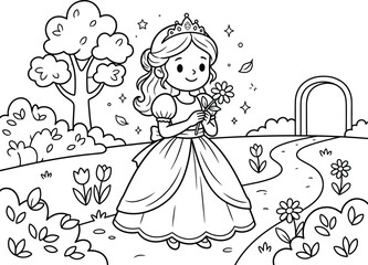 Charming princess illustration with flowers and fairytale landscape in black and white © MD