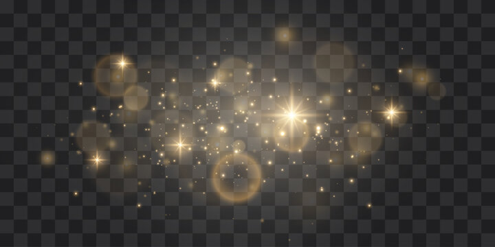 Golden glowing light effects with sparkles and bokeh on a transparent background. Bright starbursts and lens flares for festive overlay design