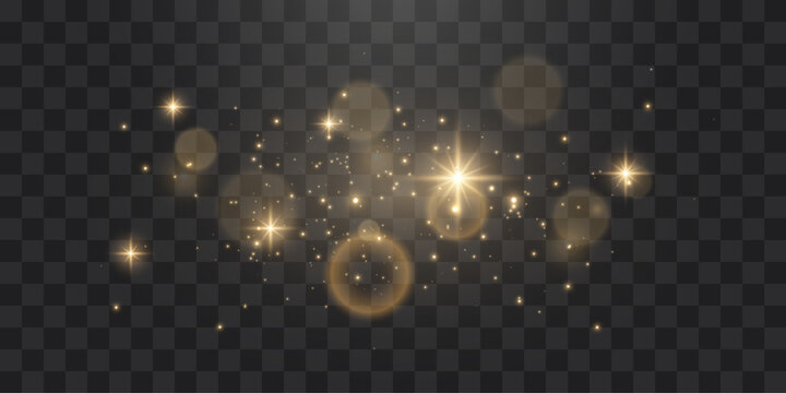 Golden glowing light effects with sparkles and bokeh on a transparent background. Bright starbursts and lens flares for festive overlay design
