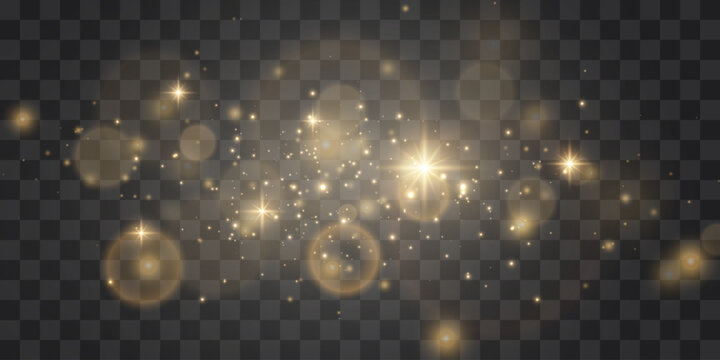 Golden glowing light effects with sparkles and bokeh on a transparent background. Bright starbursts and lens flares for festive overlay design