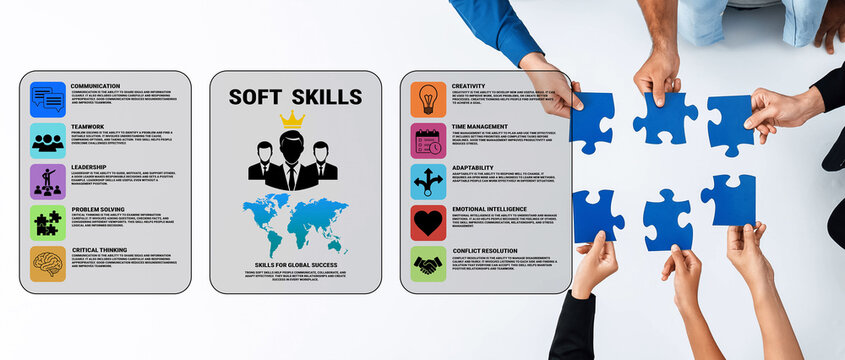 Illustrative representation of soft skills essential for professional growth and teamwork, showcasing engagement through puzzle pieces and visual elements for enhanced understanding. Nascent