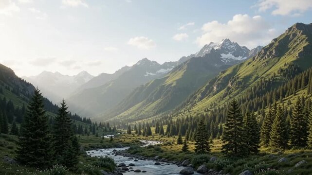 a breathtaking mountain valley surrounded by towering green mountains, a small river flowing through the valley, pine trees in the foreground, distant mist-covered peaks, soft morning sunlight.